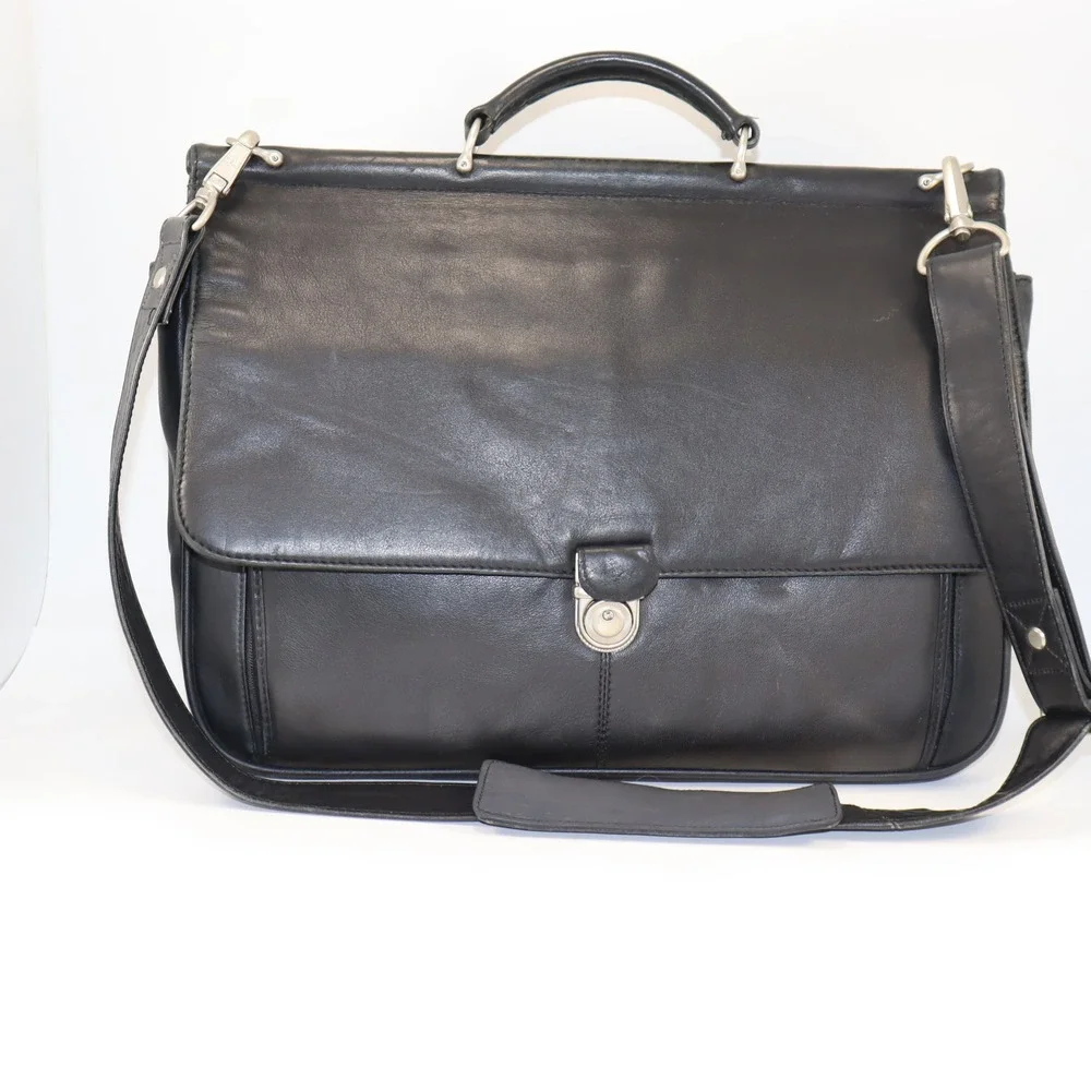 Kenneth Cole Reaction Briefcase Mens OS Black Leather Messenger Laptop Bag